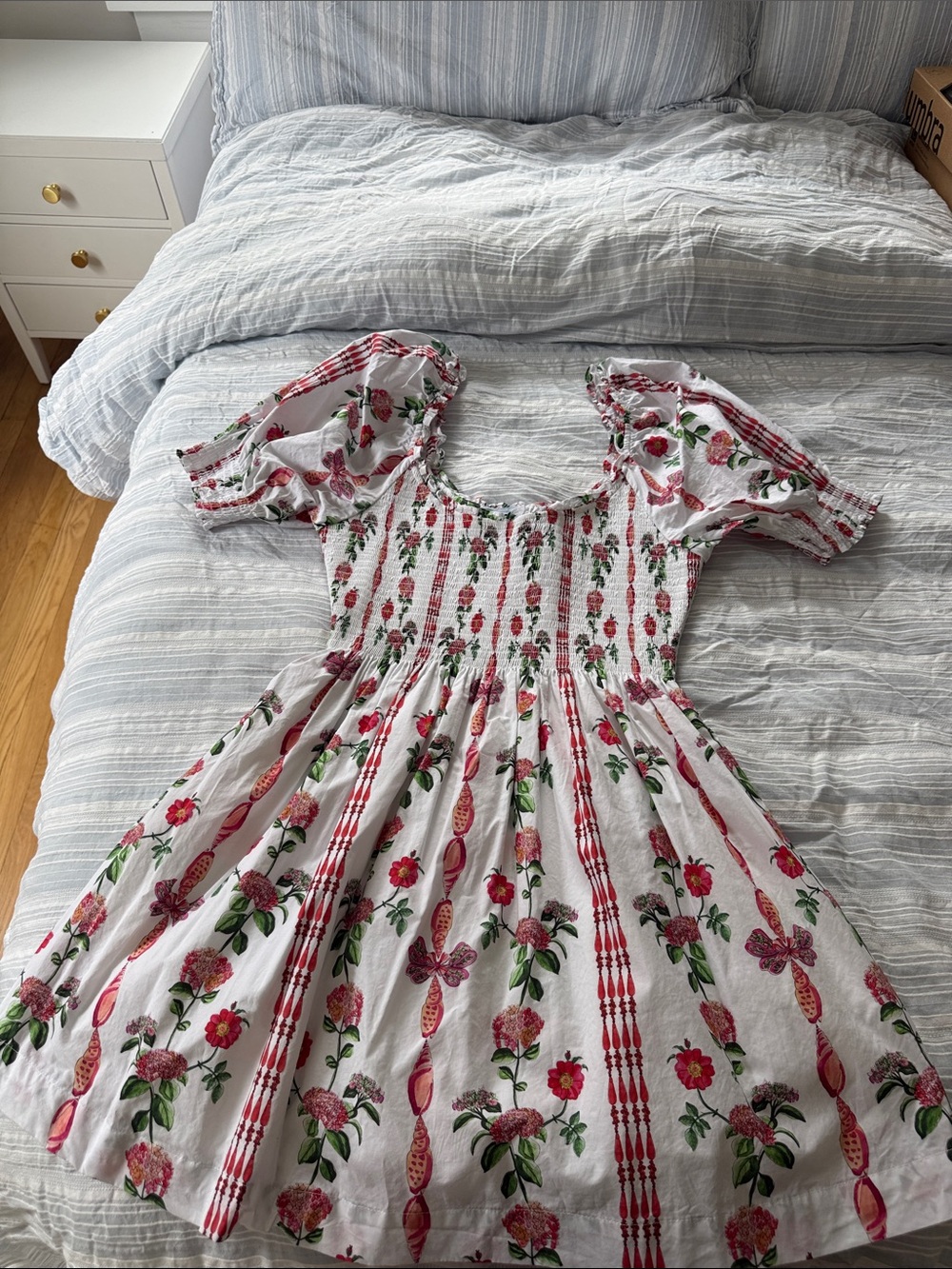 Hill House Mini Dress in White with Red Floral